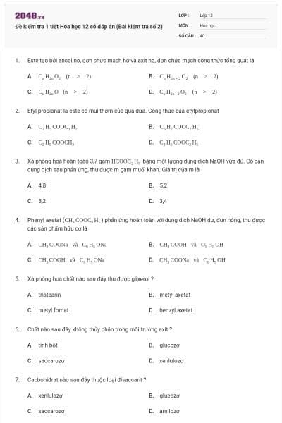 Đề kiểm tra 1 tiết Hóa học 12 có đáp án (Bài kiểm tra số 2)