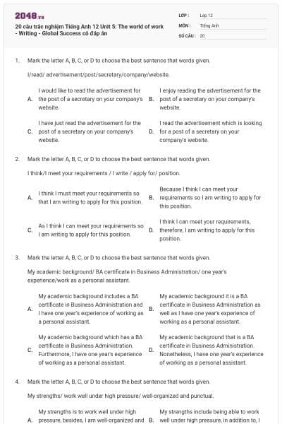 20 câu trắc nghiệm Tiếng Anh 12 Unit 5: The world of work - Writing - Global Success có đáp án