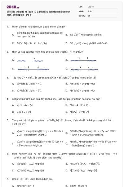 Bộ 5 đề thi giữa kì Toán 10 Cánh diều cấu trúc mới (có tự luận) có đáp án - Đề 1