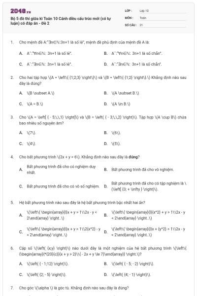 Bộ 5 đề thi giữa kì Toán 10 Cánh diều cấu trúc mới (có tự luận) có đáp án - Đề 2