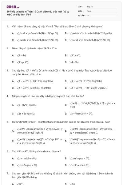 Bộ 5 đề thi giữa kì Toán 10 Cánh diều cấu trúc mới (có tự luận) có đáp án - Đề 4