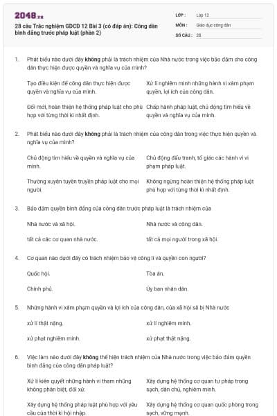 28 câu Trắc nghiệm GDCD 12 Bài 3 (có đáp án): Công dân bình đẳng trước pháp luật (phần 2)