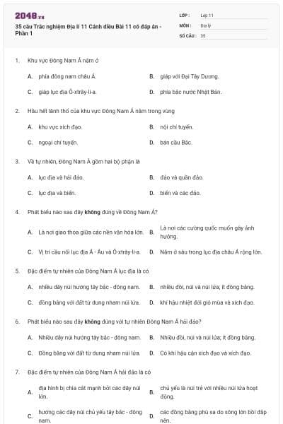 35 câu Trắc nghiệm Địa lí 11 Cánh diều Bài 11 có đáp án - Phần 1