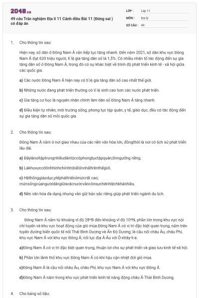 49 câu Trắc nghiệm Địa lí 11 Cánh diều Bài 11 (Đúng sai ) có đáp án