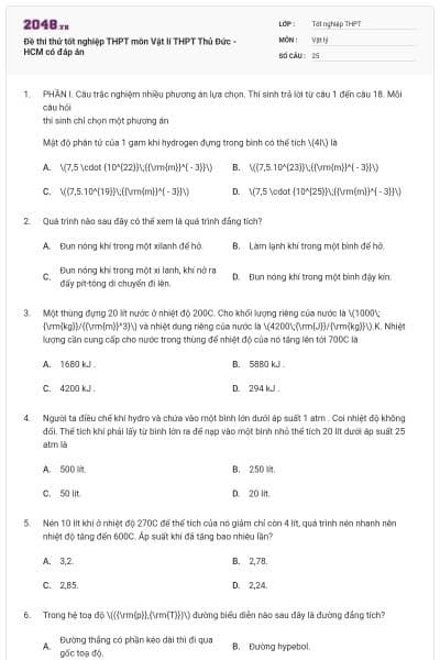 Đề thi thử tốt nghiệp THPT môn Vật lí THPT Thủ Đức - HCM có đáp án