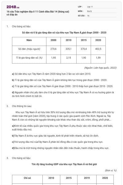 16 câu Trắc nghiệm Địa lí 11 Cánh diều Bài 14 (Đúng sai) có đáp án