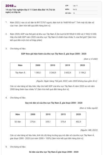 14 câu Trắc nghiệm Địa lí 11 Cánh diều Bài 14 (Trả lời ngắn) có đáp án