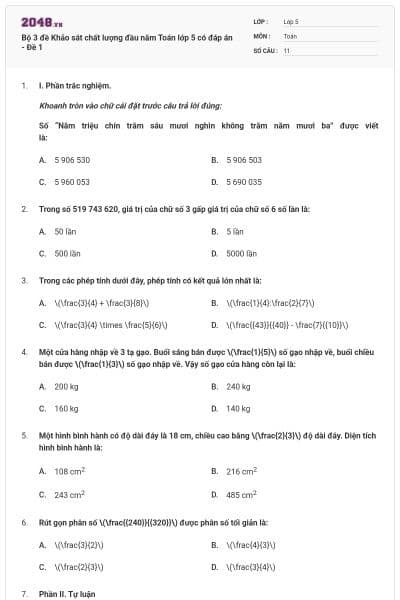 Bộ 3 đề Khảo sát chất lượng đầu năm Toán lớp 5 có đáp án - Đề 1