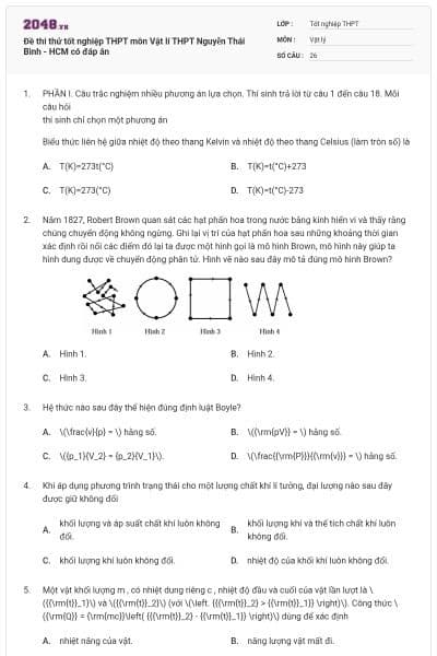 Đề thi thử tốt nghiệp THPT môn Vật lí THPT Nguyễn Thái Bình - HCM có đáp án