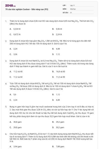 70 câu trắc nghiệm Cacbon - Silic nâng cao (P3)