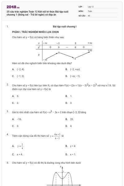 25 câu trắc nghiệm Toán 12 Kết nối tri thức Bài tập cuối chương 1 (Đúng sai - Trả lời ngắn) có đáp án