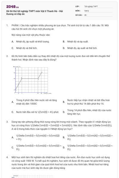Đề thi thử tốt nghiệp THPT môn Vật lí Thanh Hà - Hải Dương có đáp án