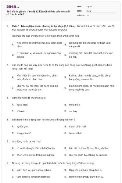 Bộ 3 đề thi giữa kì 1 Địa lý 12 Kết nối tri thức cấu trúc mới có đáp án - Đề 2