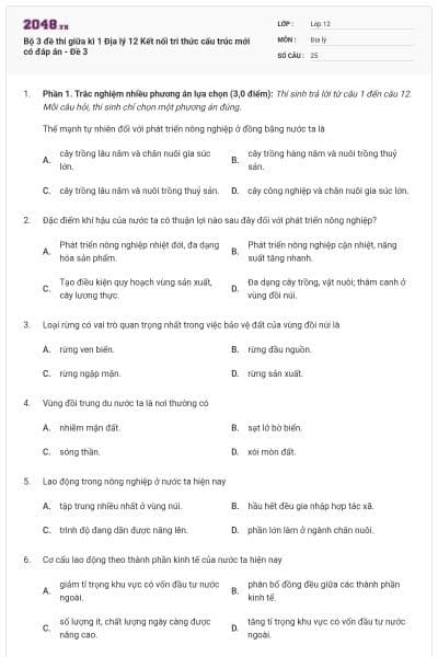 Bộ 3 đề thi giữa kì 1 Địa lý 12 Kết nối tri thức cấu trúc mới có đáp án - Đề 3