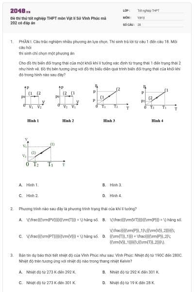 Đề thi thử tốt nghiệp THPT môn Vật lí Sở Vĩnh Phúc mã 202 có đáp án
