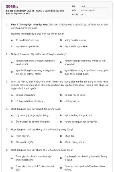 Bài tập trắc nghiệm Giữa kì 1 GDCD 9 Cánh diều cấu trúc mới có đáp án - Đề số 1