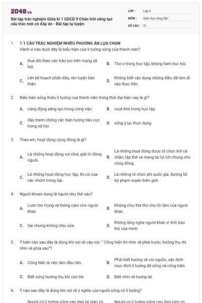 Bài tập trắc nghiệm Giữa kì 1 GDCD 9 Chân trời sáng tạo cấu trúc mới có đáp án - Bài tập tự luyện