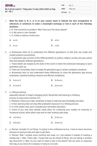 Bộ 5 đề thi cuối kì 1 Tiếng Anh 12 năm 2024-2025 có đáp án - Đề 1