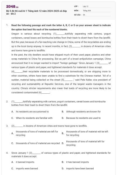 Bộ 5 đề thi cuối kì 1 Tiếng Anh 12 năm 2024-2025 có đáp án - Đề 2