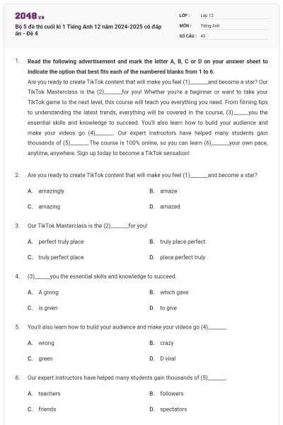 Bộ 5 đề thi cuối kì 1 Tiếng Anh 12 năm 2024-2025 có đáp án - Đề 4