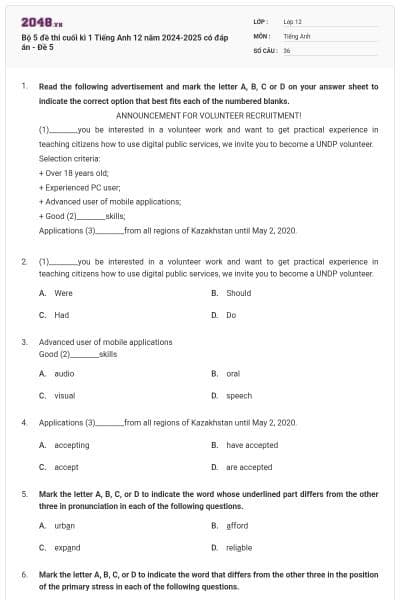 Bộ 5 đề thi cuối kì 1 Tiếng Anh 12 năm 2024-2025 có đáp án - Đề 5