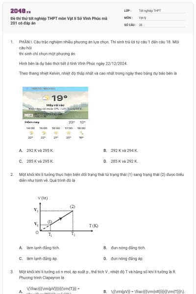 Đề thi thử tốt nghiệp THPT môn Vật lí Sở Vĩnh Phúc mã 201 có đáp án