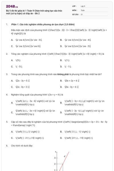 Bộ 5 đề thi giữa kì 1 Toán 9 Chân trời sáng tạo cấu trúc mới (có tự luận) có đáp án - Đề 2