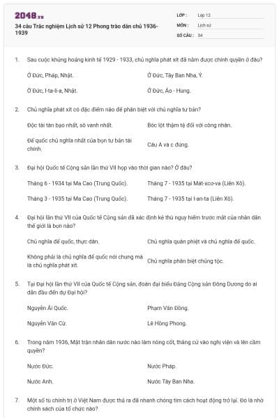34 câu Trắc nghiệm Lịch sử 12 Phong trào dân chủ 1936-1939