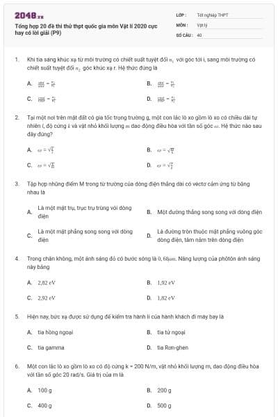 Tổng hợp 20 đề thi thử thpt quốc gia môn Vật lí 2020 cực hay có lời giải (P9)