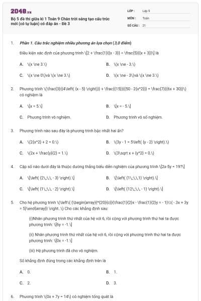 Bộ 5 đề thi giữa kì 1 Toán 9 Chân trời sáng tạo cấu trúc mới (có tự luận) có đáp án - Đề 3