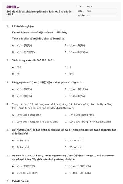 Bộ 3 đề Khảo sát chất lượng đầu năm Toán lớp 5 có đáp án - Đề 2