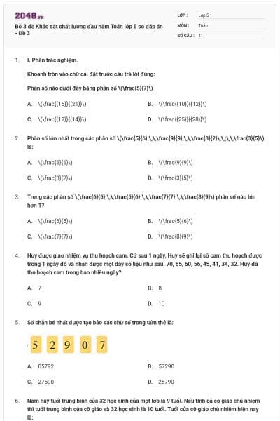 Bộ 3 đề Khảo sát chất lượng đầu năm Toán lớp 5 có đáp án - Đề 3