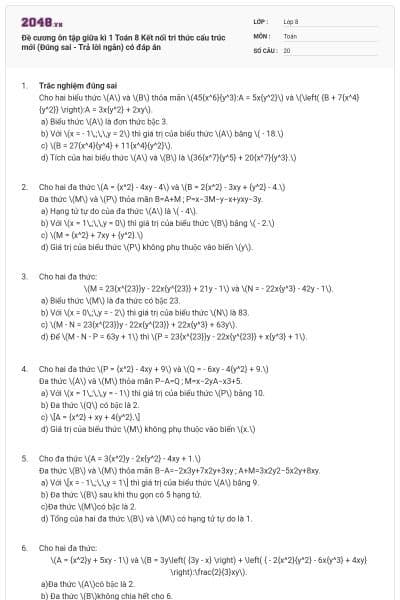 Đề cương ôn tập giữa kì 1 Toán 8 Kết nối tri thức cấu trúc mới (Đúng sai - Trả lời ngắn) có đáp án