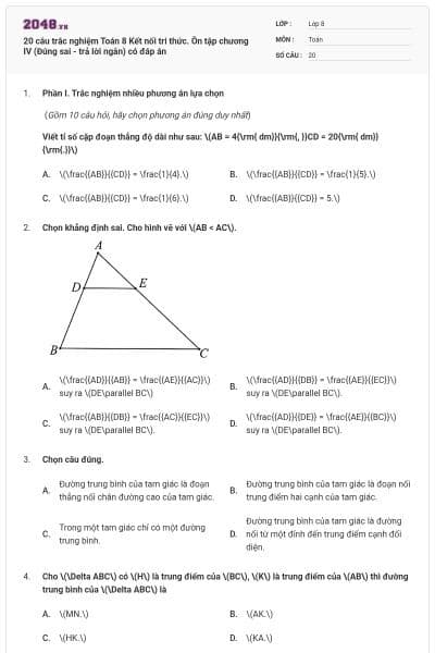 20 câu trắc nghiệm Toán 8 Kết nối tri thức. Ôn tập chương IV (Đúng sai - trả lời ngắn) có đáp án