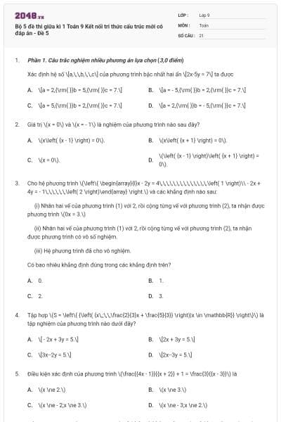 Bộ 5 đề thi giữa kì 1 Toán 9 Kết nối tri thức cấu trúc mới có đáp án - Đề 5