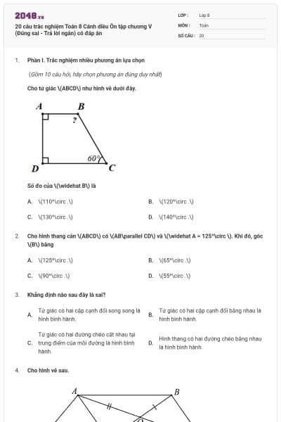 20 câu trắc nghiệm Toán 8 Cánh diều Ôn tập chương V (Đúng sai - Trả lời ngắn) có đáp án