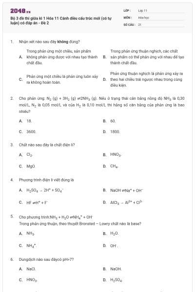 Bộ 3 đề thi giữa kì 1 Hóa 11 Cánh diều cấu trúc mới (có tự luận) có đáp án - Đề 2