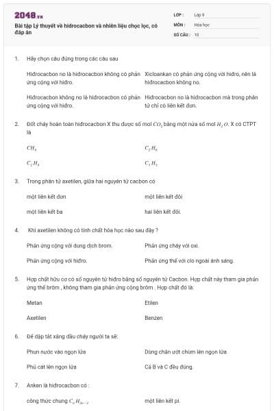 Bài tập Lý thuyết về hidrocacbon và nhiên liệu chọc lọc, có đáp án