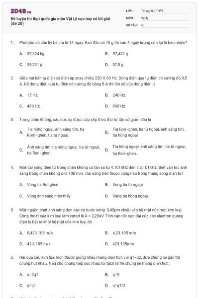 Đề luyện thi thpt quốc gia môn Vật Lý cực hay có lời giải (đề 20)