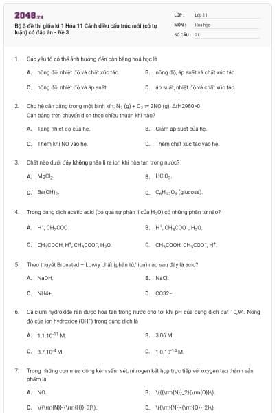 Bộ 3 đề thi giữa kì 1 Hóa 11 Cánh diều cấu trúc mới (có tự luận) có đáp án - Đề 3