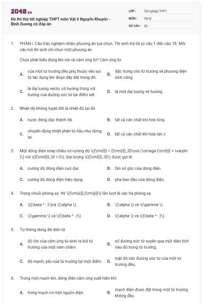 Đề thi thử tốt nghiệp THPT môn Vật lí Nguyễn Khuyến - Bình Dương có đáp án