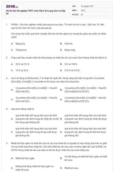 Đề thi thử tốt nghiệp THPT môn Vật lí Sở Lạng Sơn có đáp án