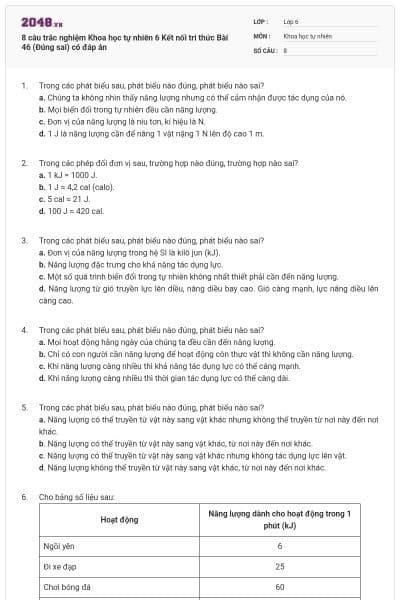 8 câu trắc nghiệm Khoa học tự nhiên 6 Kết nối tri thức Bài 46 (Đúng sai) có đáp án
