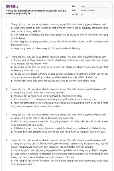 10 câu trắc nghiệm Khoa học tự nhiên 6 Kết nối tri thức Bài 48 (Đúng sai) có đáp án