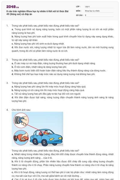 8 câu trắc nghiệm Khoa học tự nhiên 6 Kết nối tri thức Bài 49 (Đúng sai) có đáp án