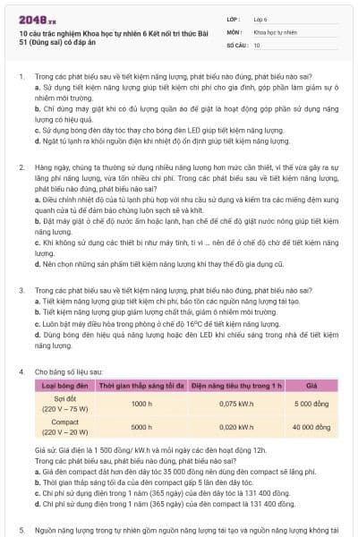 10 câu trắc nghiệm Khoa học tự nhiên 6 Kết nối tri thức Bài 51 (Đúng sai) có đáp án