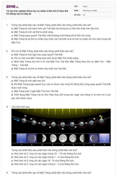 10 câu trắc nghiệm Khoa học tự nhiên 6 Kết nối tri thức Bài 53 (Đúng sai) có đáp án