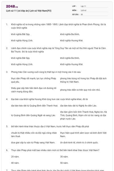 Lịch sử 11 (có đáp án) Lịch sử Việt Nam(P3)