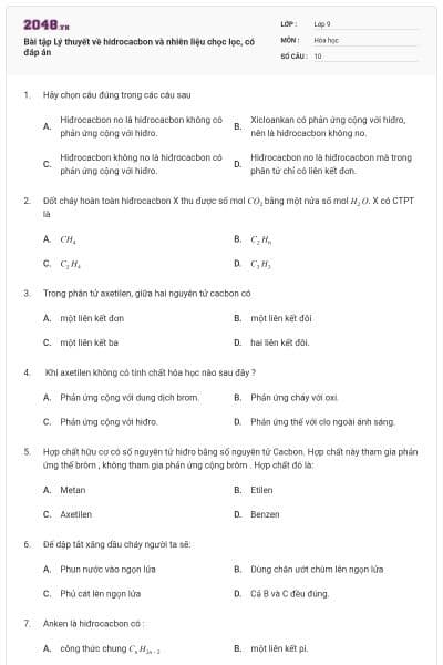 Bài tập Lý thuyết về hidrocacbon và nhiên liệu chọc lọc, có đáp án