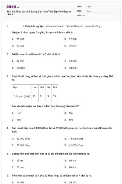 Bộ 3 đề Khảo sát chất lượng đầu năm Toán lớp 4 có đáp án - Đề 2